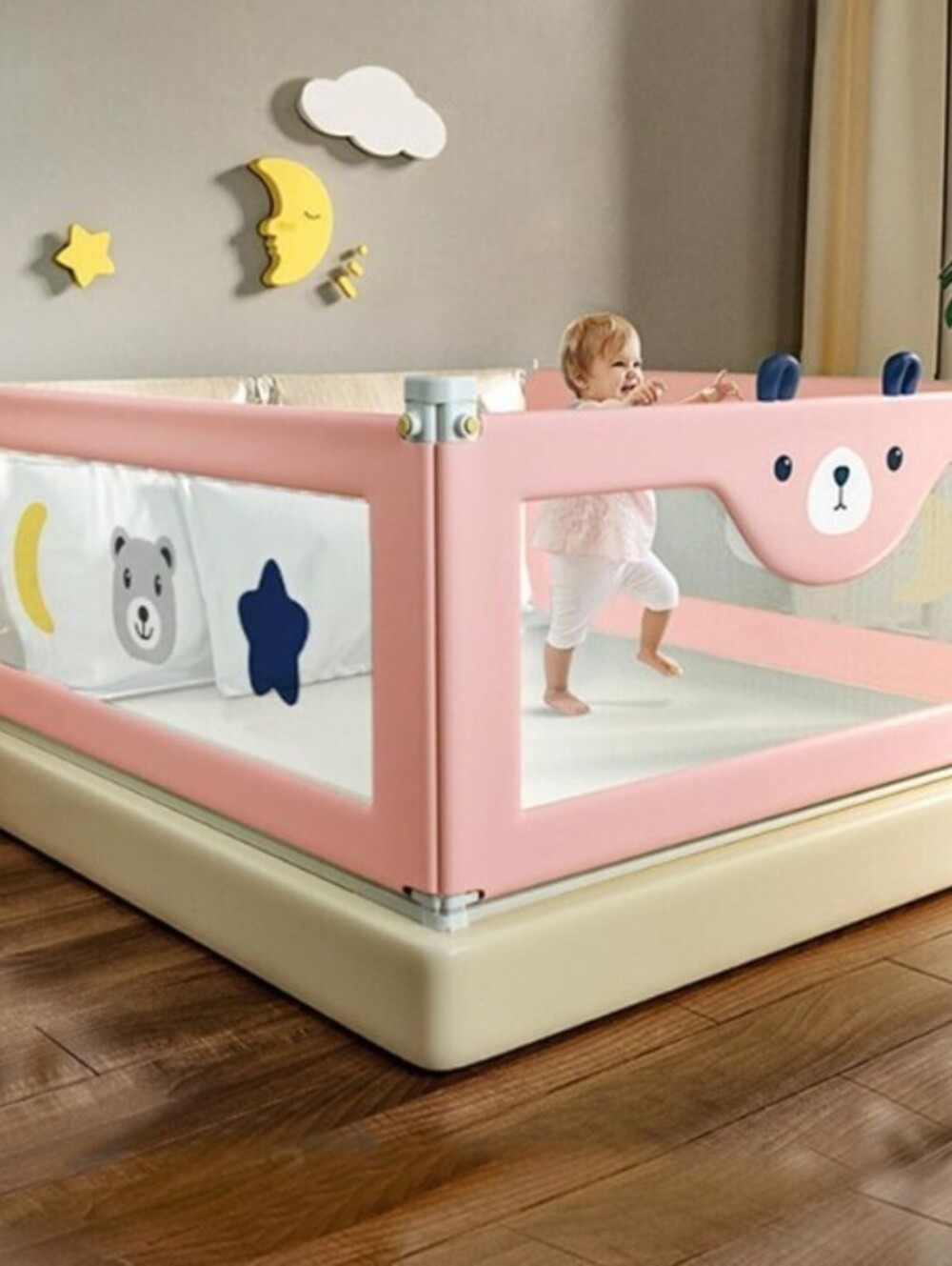 3-Piece Bed Rail for Toddlers, Foldable 7 4.8x78.74x78.74-Pink Cartoon